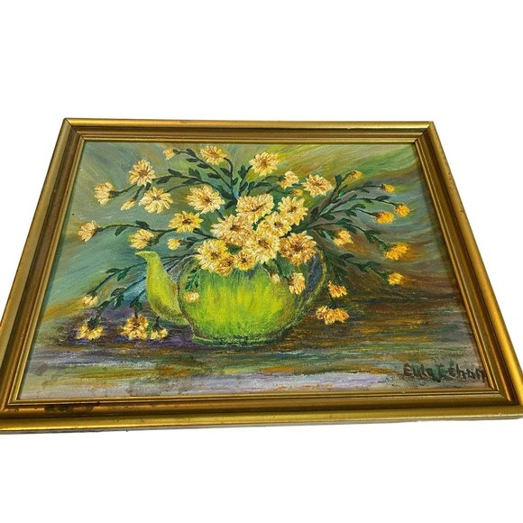 Vintage MCM Little Yellow mums Eula oil painting framed wall decor irondale farm